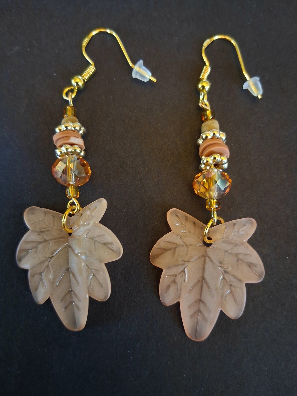 Handmade 2 1/2" Leaf Drop Earrings in Light Peach and Amber